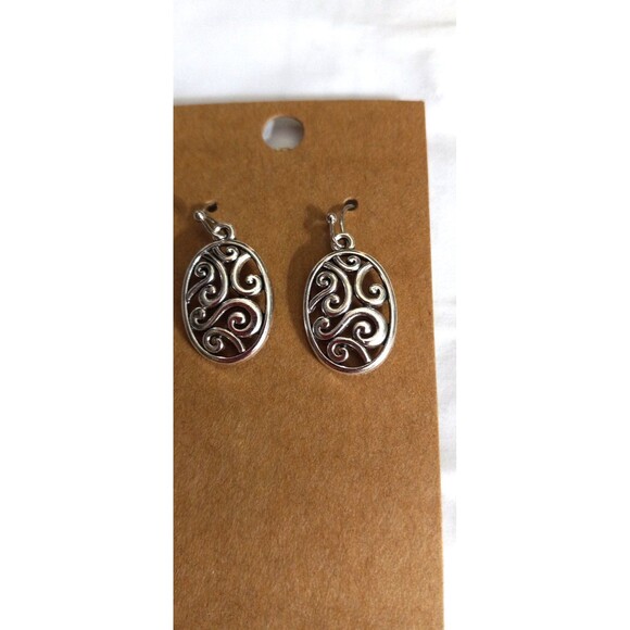 Silver Tone Dangle Earrings Oval Filigree Swirls Boho Cottage - Picture 2 of 4